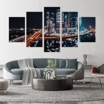 5-Piece Moscow City Skyline at Night Canvas Wall Art