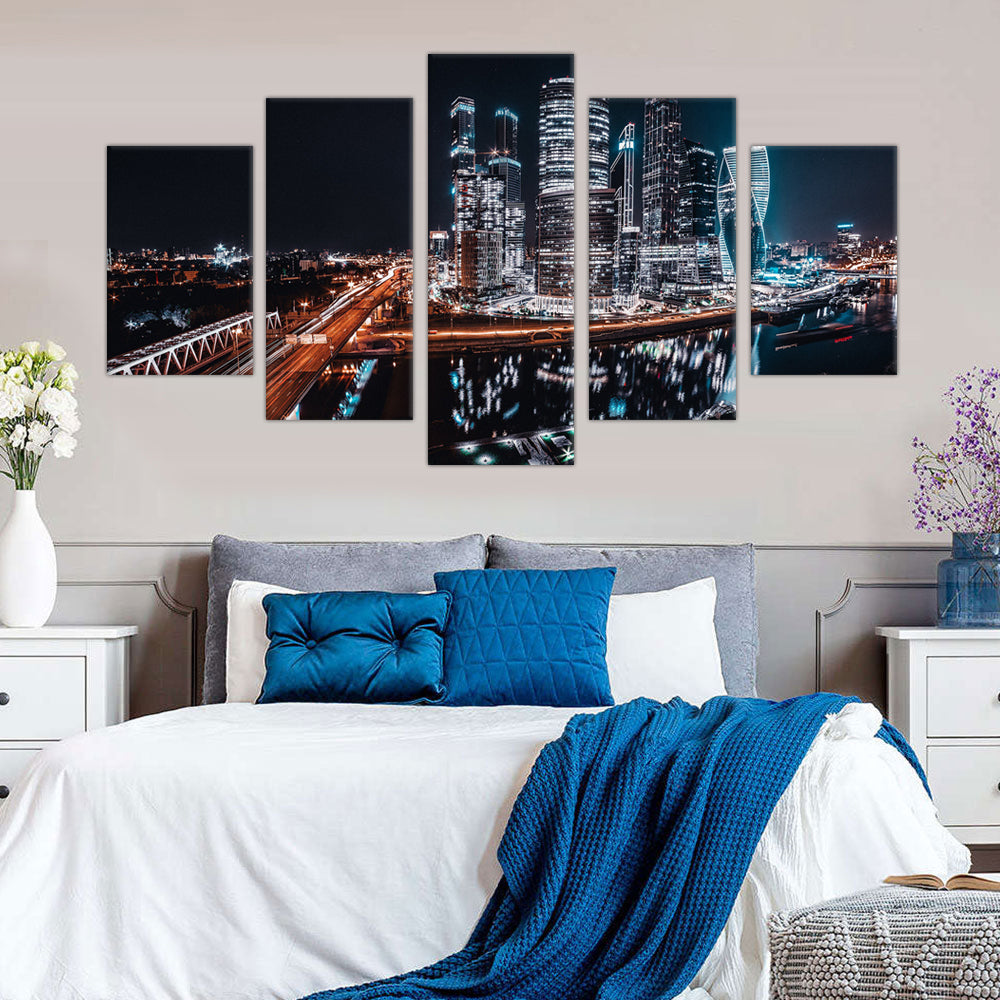 5-Piece Moscow City Skyline at Night Canvas Wall Art