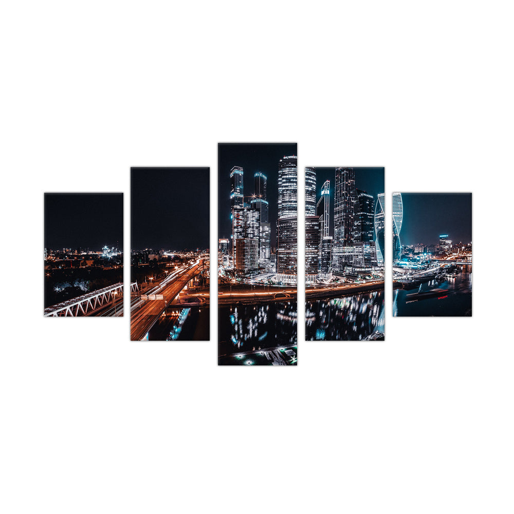 5-Piece Moscow City Skyline at Night Canvas Wall Art