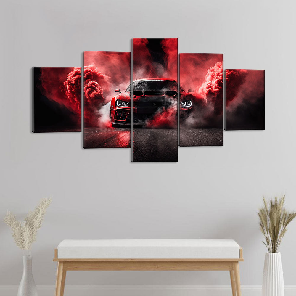 5 Piece Drifting Car with Red Smoke Canvas Wall Art