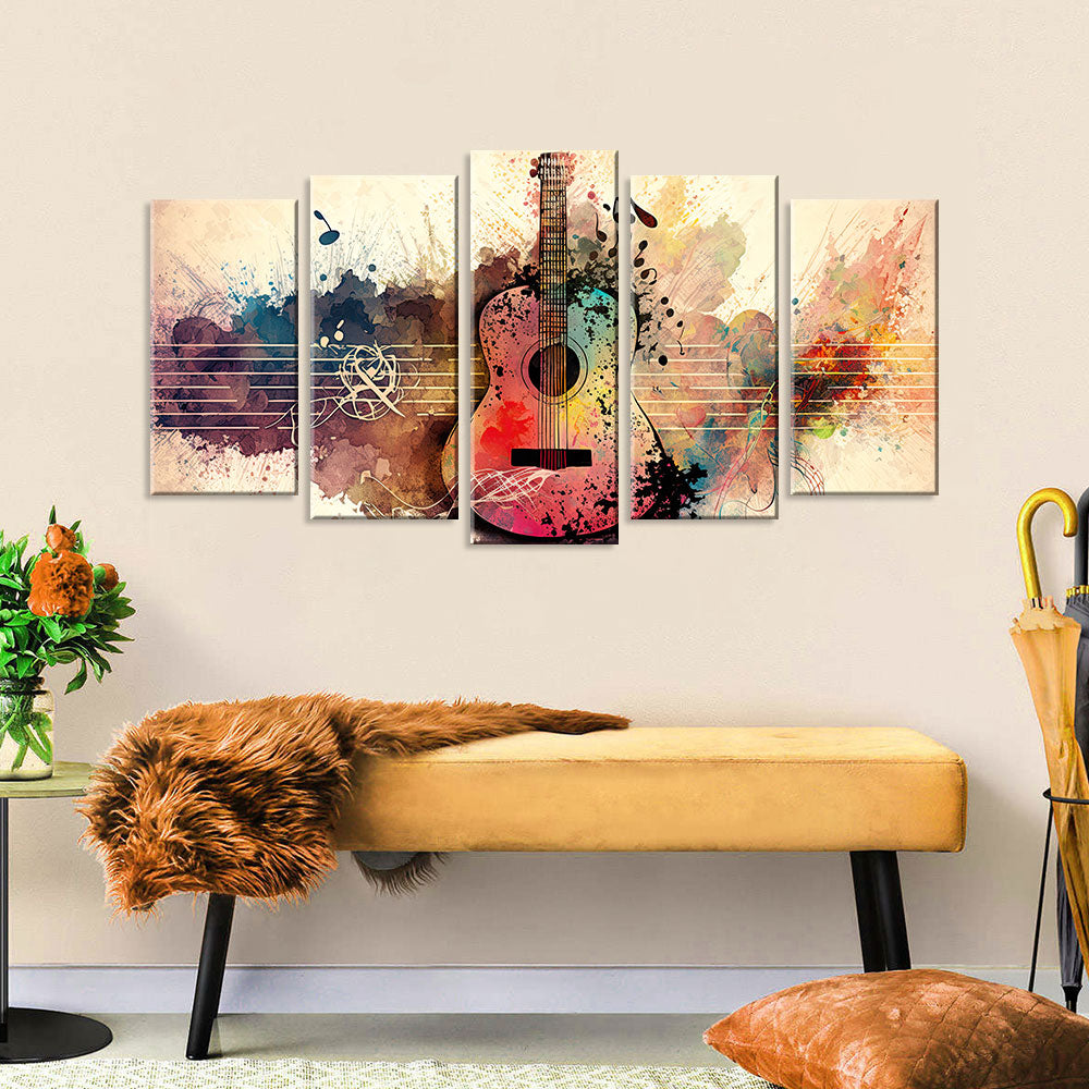 5 Piece Guitar with Colorful Pastel Notes Canvas Wall Art