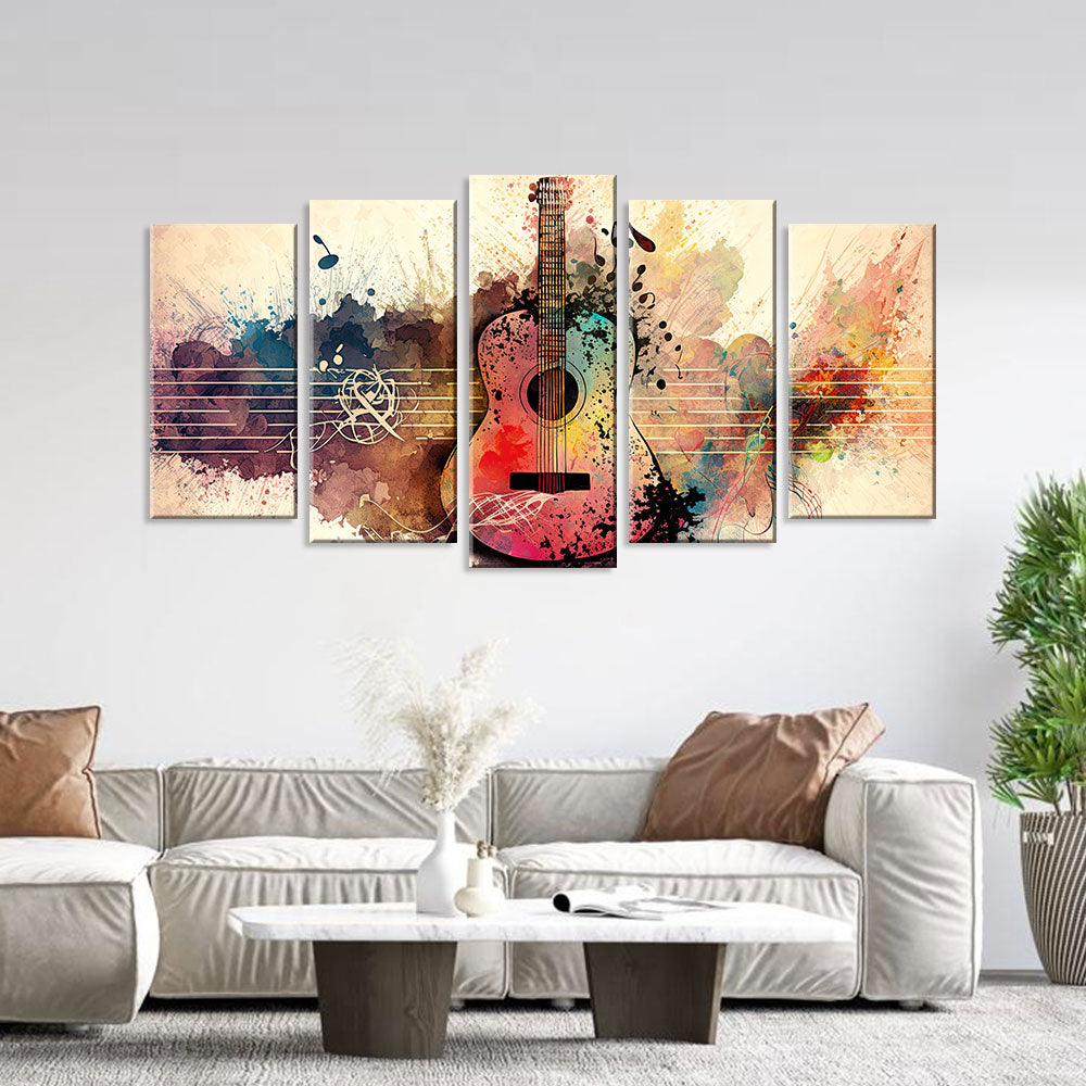 5 Piece Guitar with Colorful Pastel Notes Canvas Wall Art