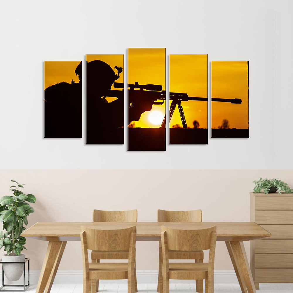 5 Piece Sniper Aiming in Sunset Canvas Wall Art