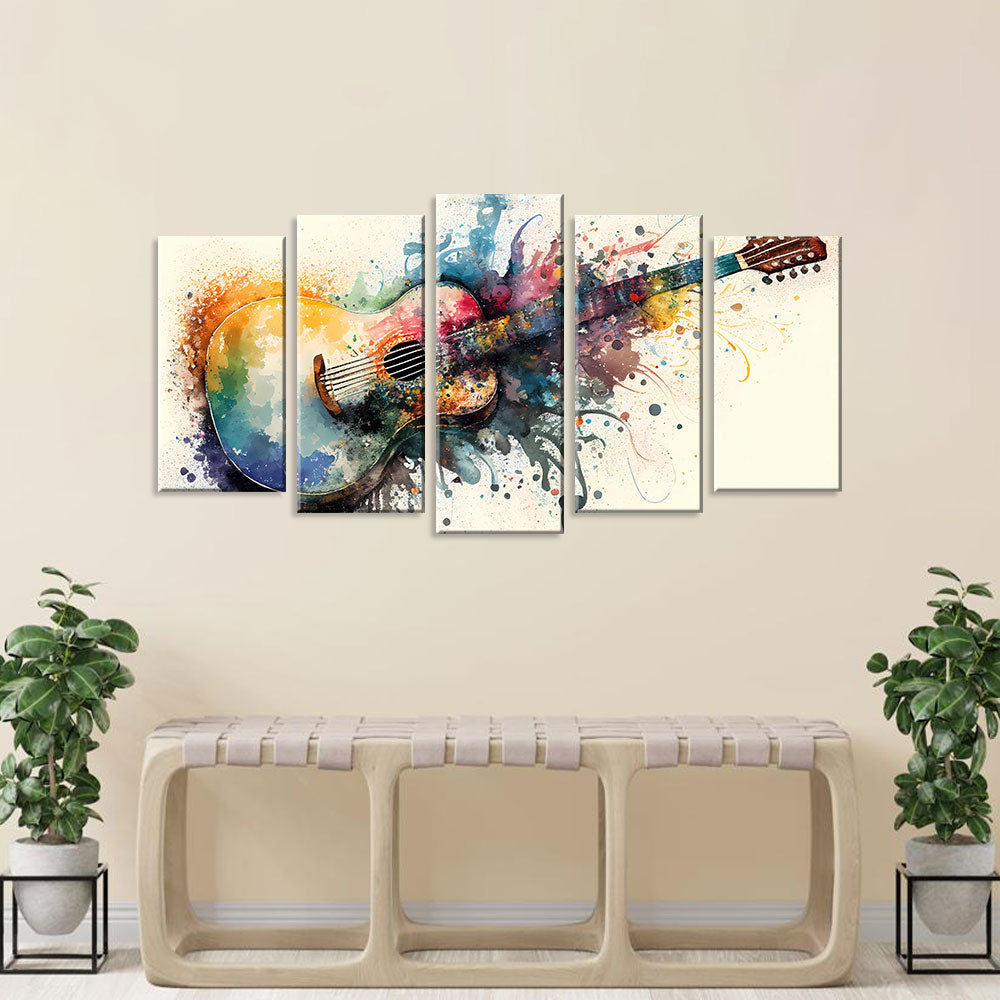 5 Piece Watercolor Acoustic Guitar Canvas Wall Art