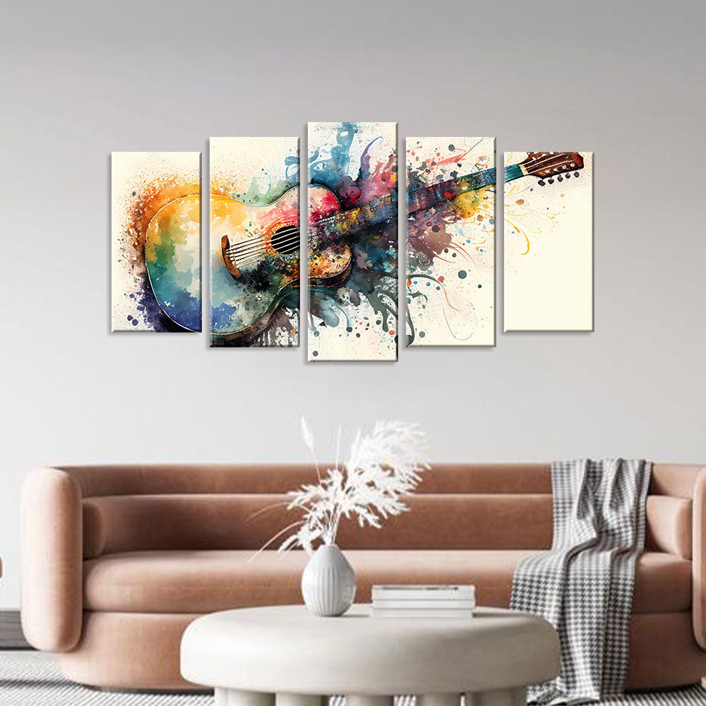 5 Piece Watercolor Acoustic Guitar Canvas Wall Art
