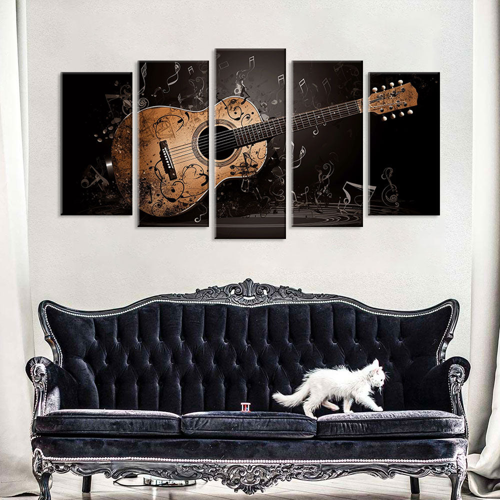 5 Piece Classic Wood Guitar with Musical Notes Canvas Wall Art