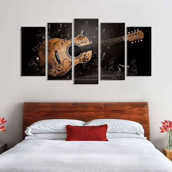 5 Piece Classic Wood Guitar with Musical Notes Canvas Wall Art