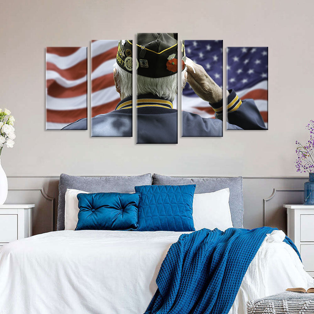 5 Piece Veteran Saluting US Flag Canvas Wall Art