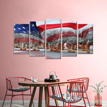 5 Piece Soldiers Running Shadow with US Flag Canvas Wall Art