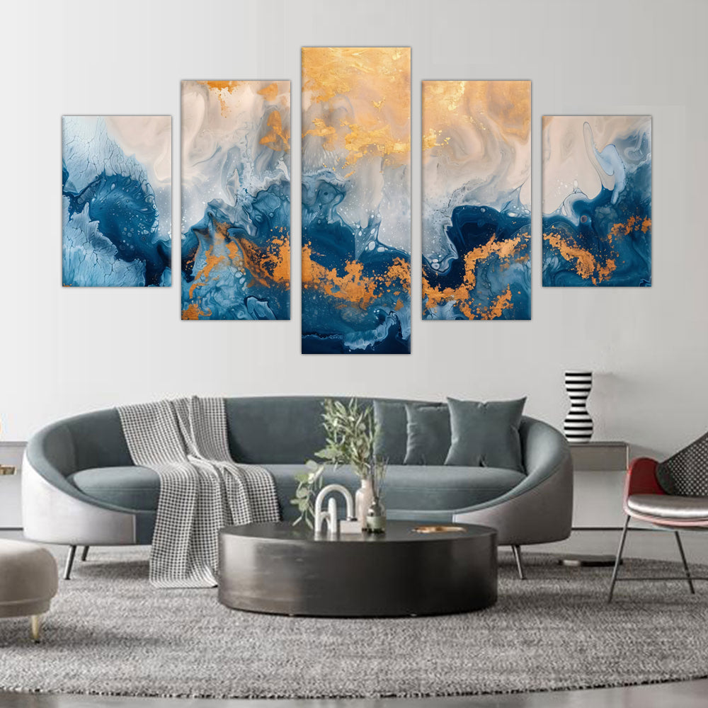 5-Piece Blue and Gold Abstract Fluid Art Canvas Wall Art