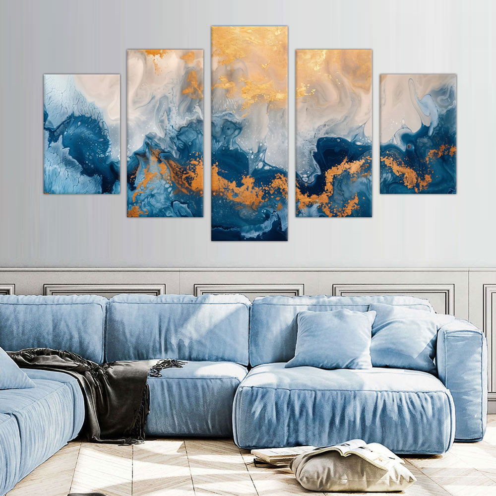 5-Piece Blue and Gold Abstract Fluid Art Canvas Wall Art