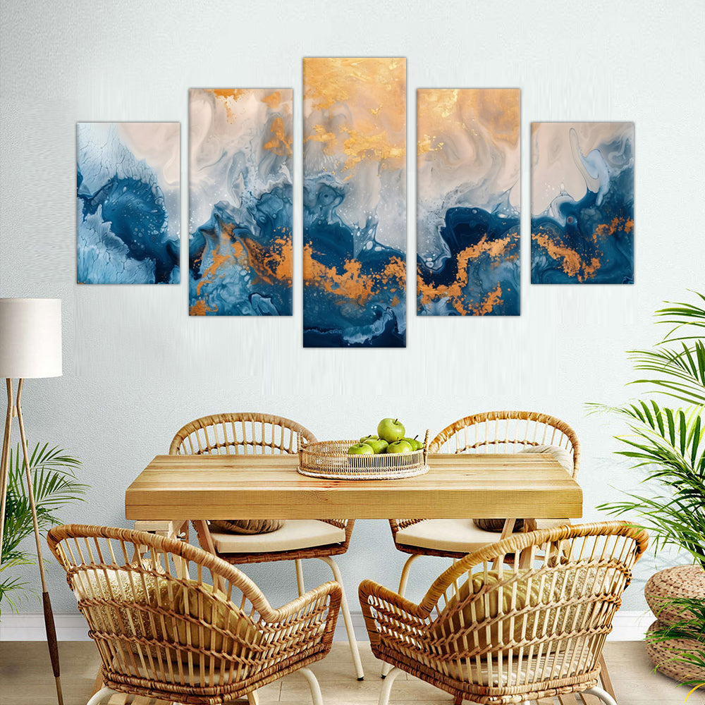 5-Piece Blue and Gold Abstract Fluid Art Canvas Wall Art