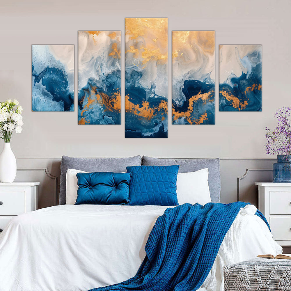 5-Piece Blue and Gold Abstract Fluid Art Canvas Wall Art