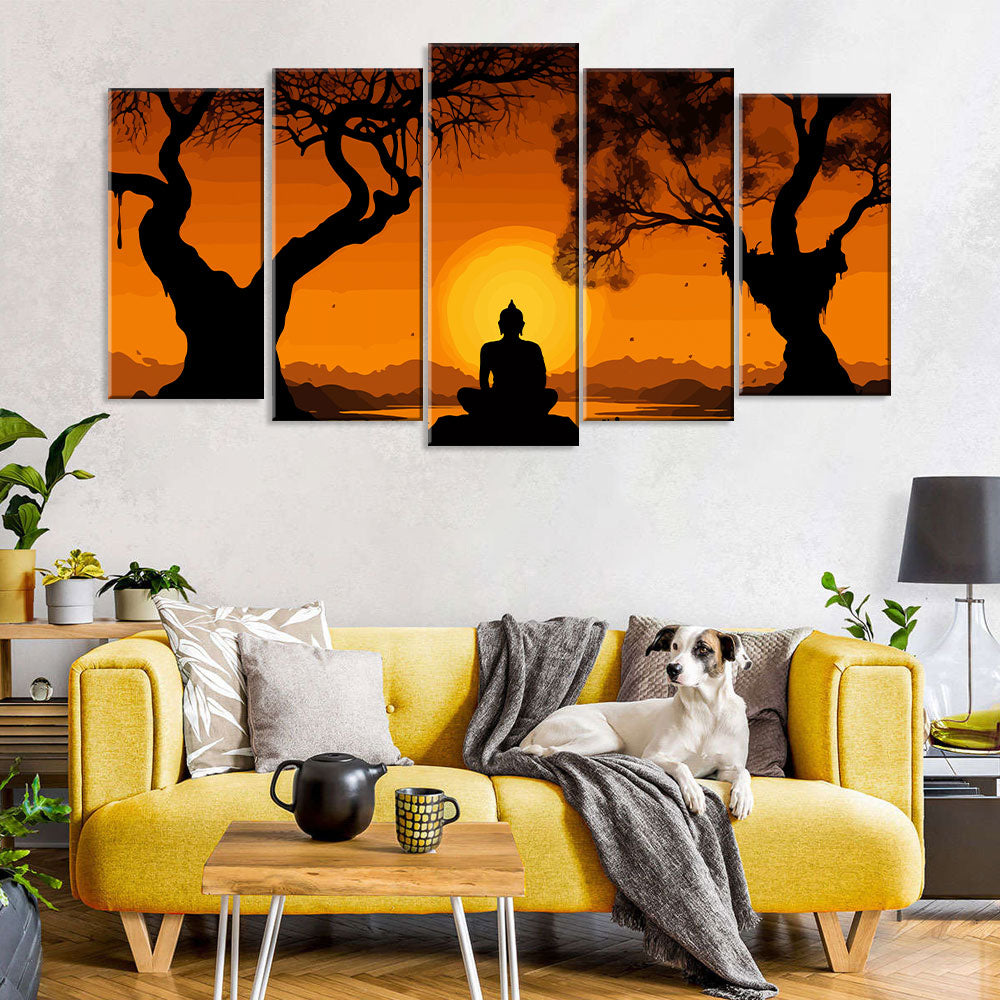 5 Piece Buddha Sitting in Sunset Canvas Wall Art