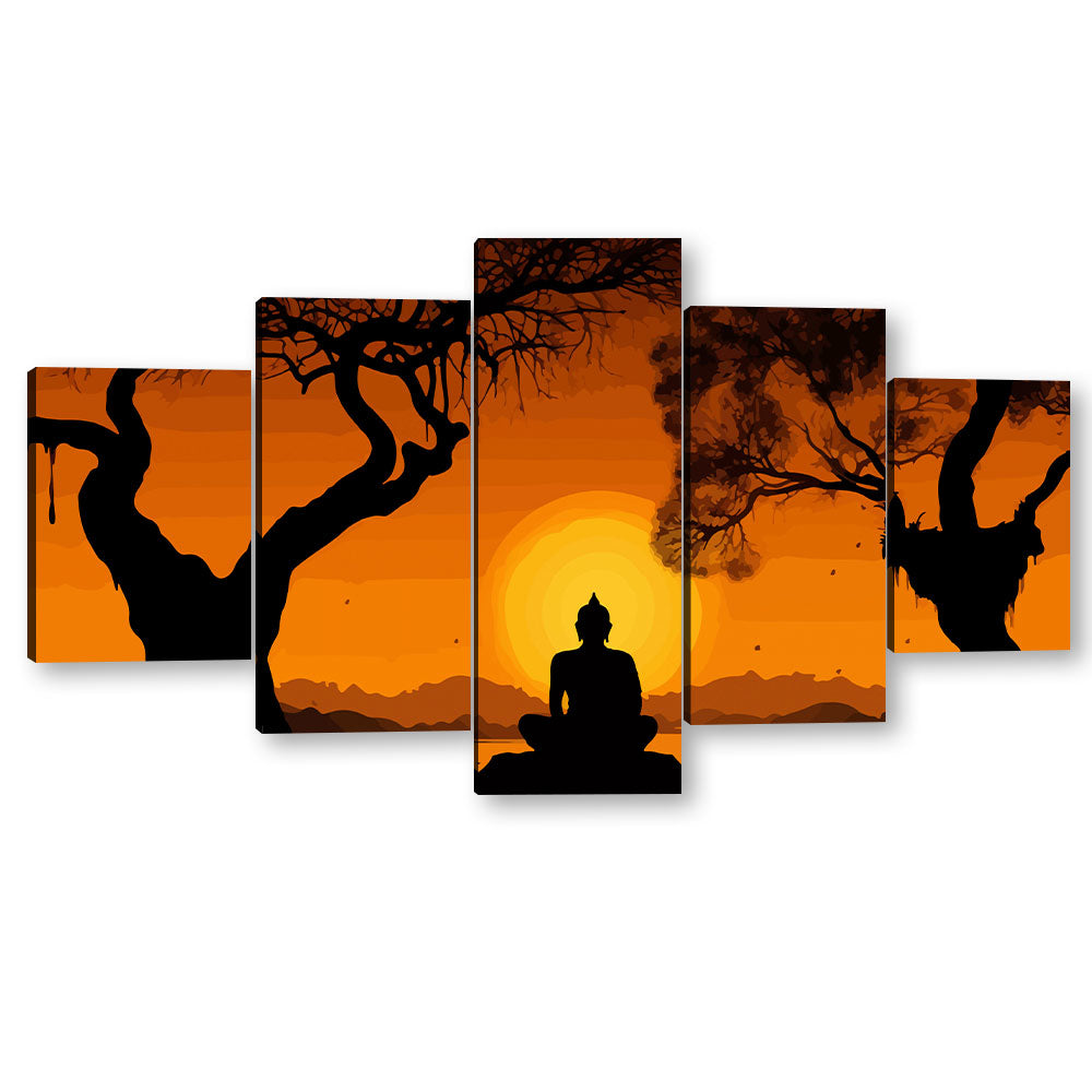 5 Piece Buddha Sitting in Sunset Canvas Wall Art