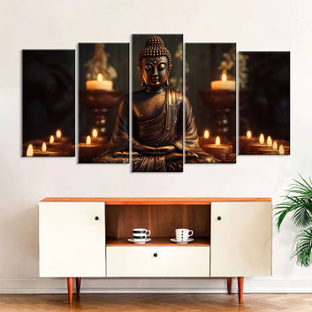 5 Piece Sitting Buddha with Candles Canvas Wall Art