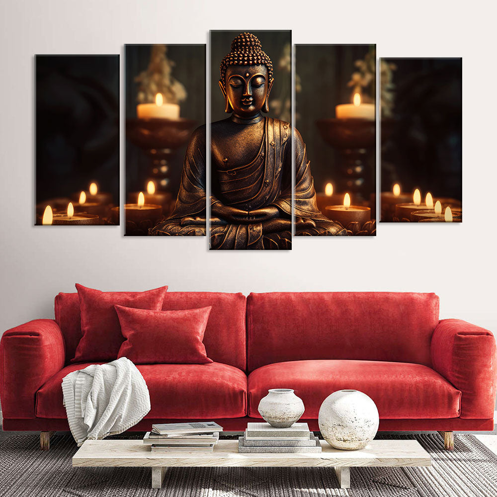 5 Piece Sitting Buddha with Candles Canvas Wall Art