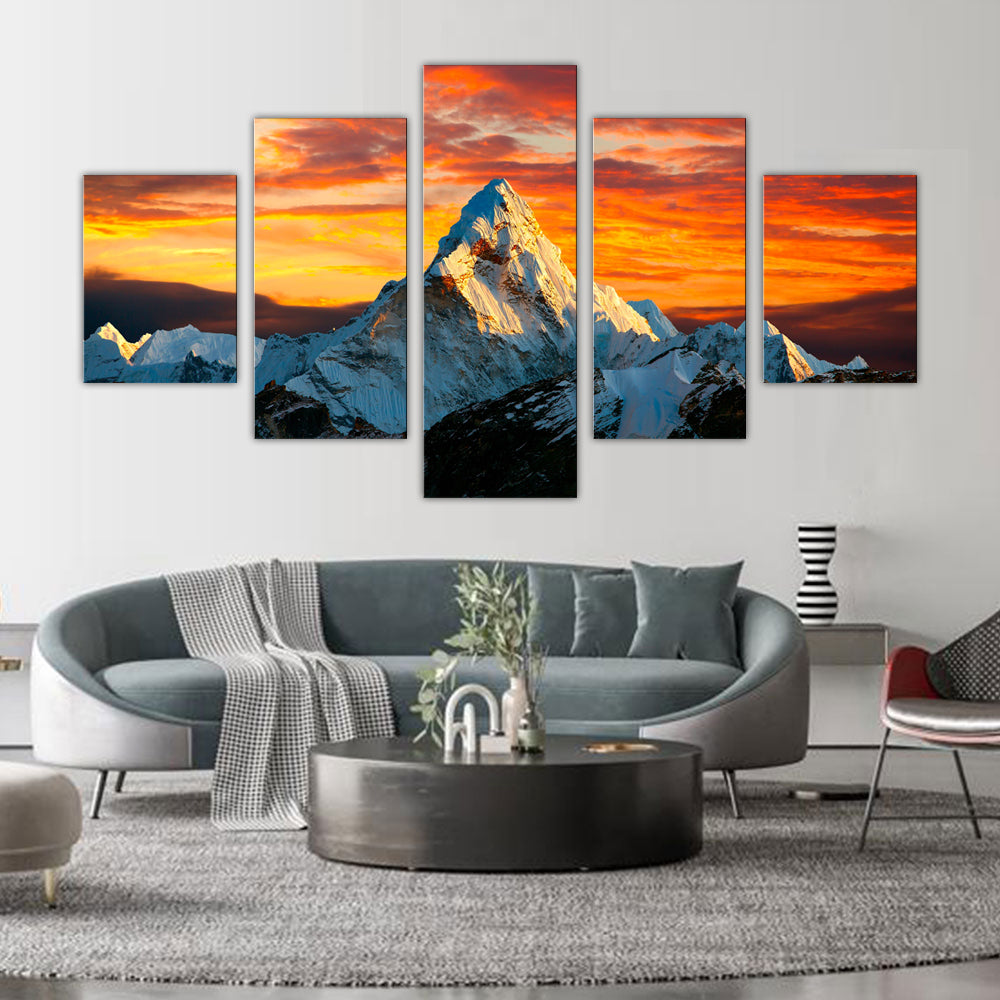 Sunset Over Ama Dablam: 5-Piece Himalayan Mountain Canvas Wall Art