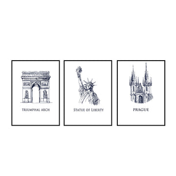 Global Heritage: Triumphal Arch, Statue of Liberty, Prague Cathedral 3-Piece Canvas Set