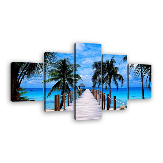 Palm Trees Beach Wood Bridge Canvas Wall Art