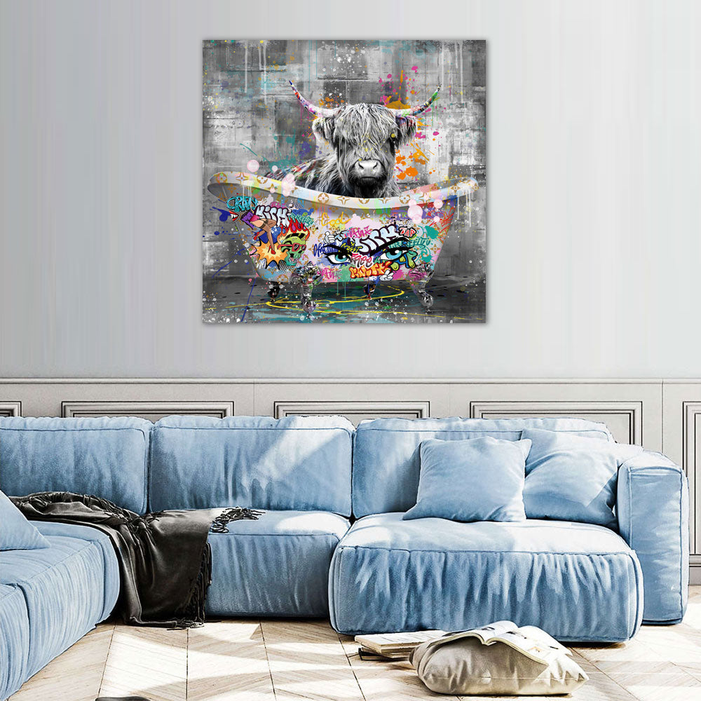 Highland Cow in Graffiti Bathtub Canvas Wall Art