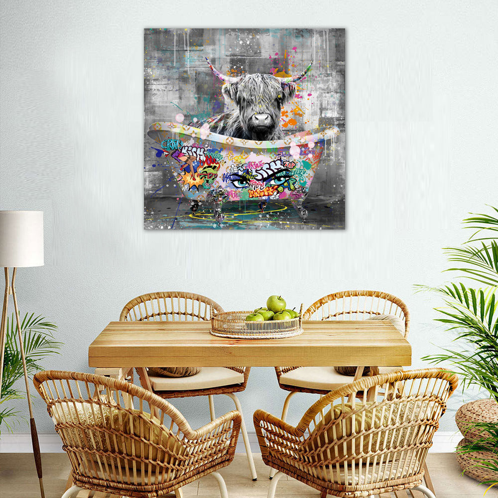 Highland Cow in Graffiti Bathtub Canvas Wall Art