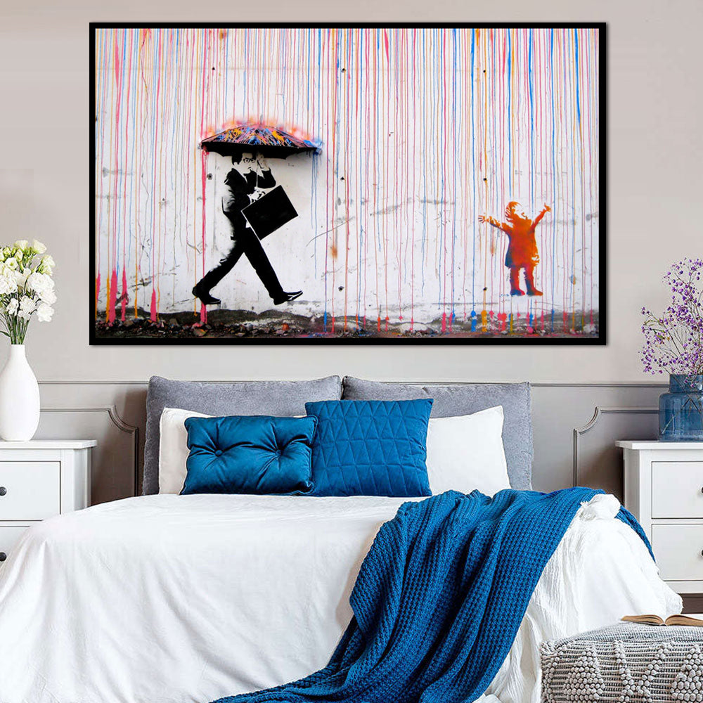 Banksy Colorful Drip Rain Street Art Canvas Wall Art