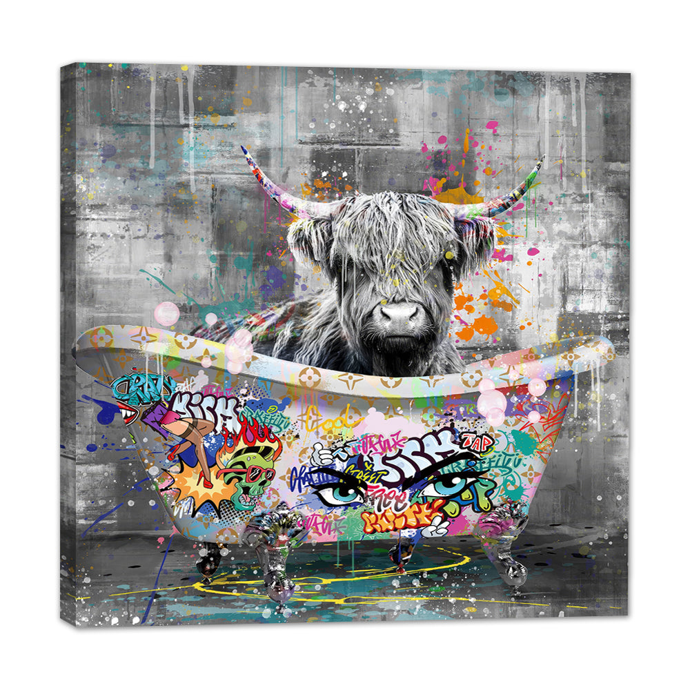 Highland Cow in Graffiti Bathtub Canvas Wall Art