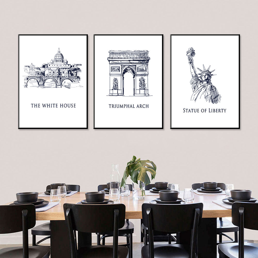 Landmark Trio: The White House, Triumphal Arch, Statue of Liberty Canvas Set