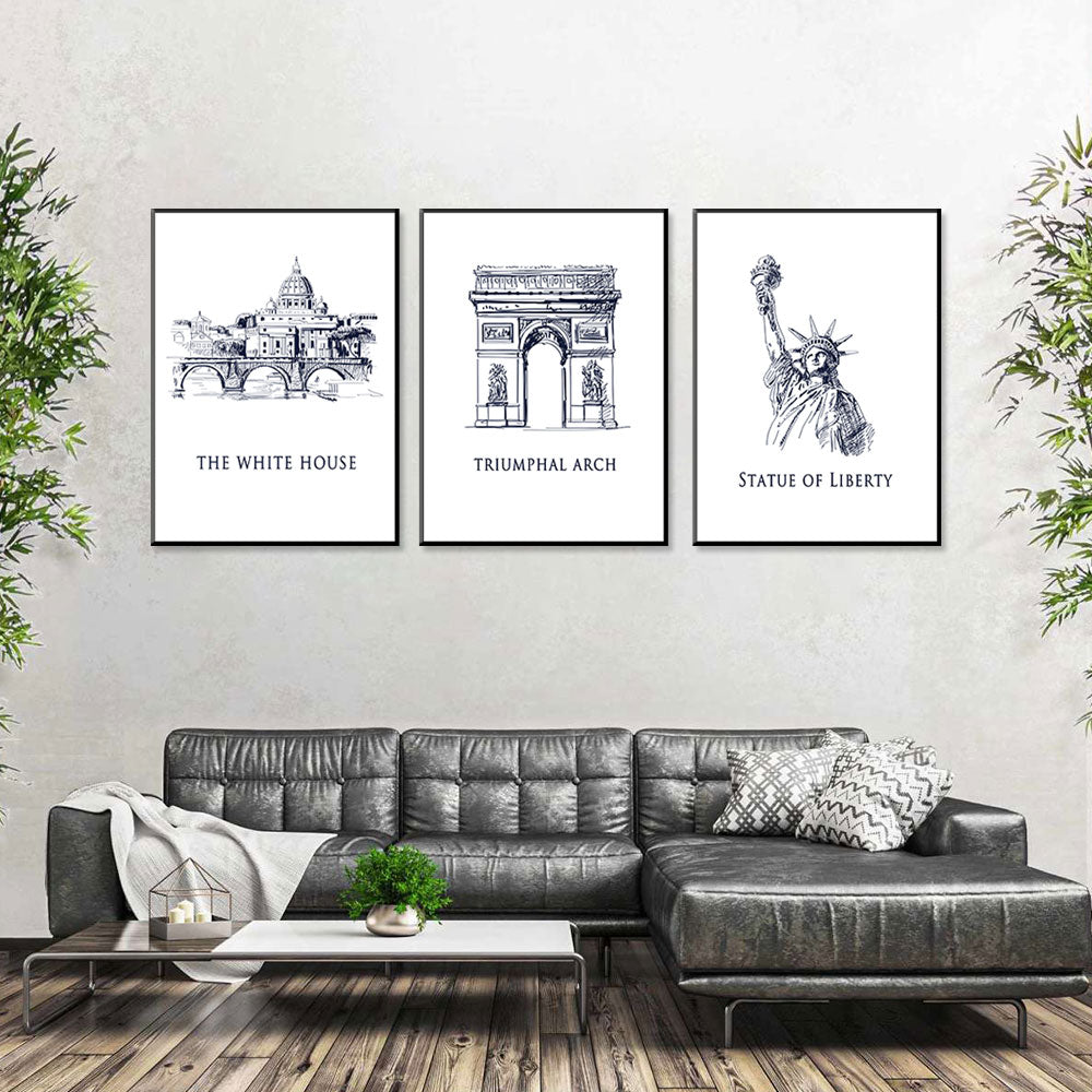 Landmark Trio: The White House, Triumphal Arch, Statue of Liberty Canvas Set