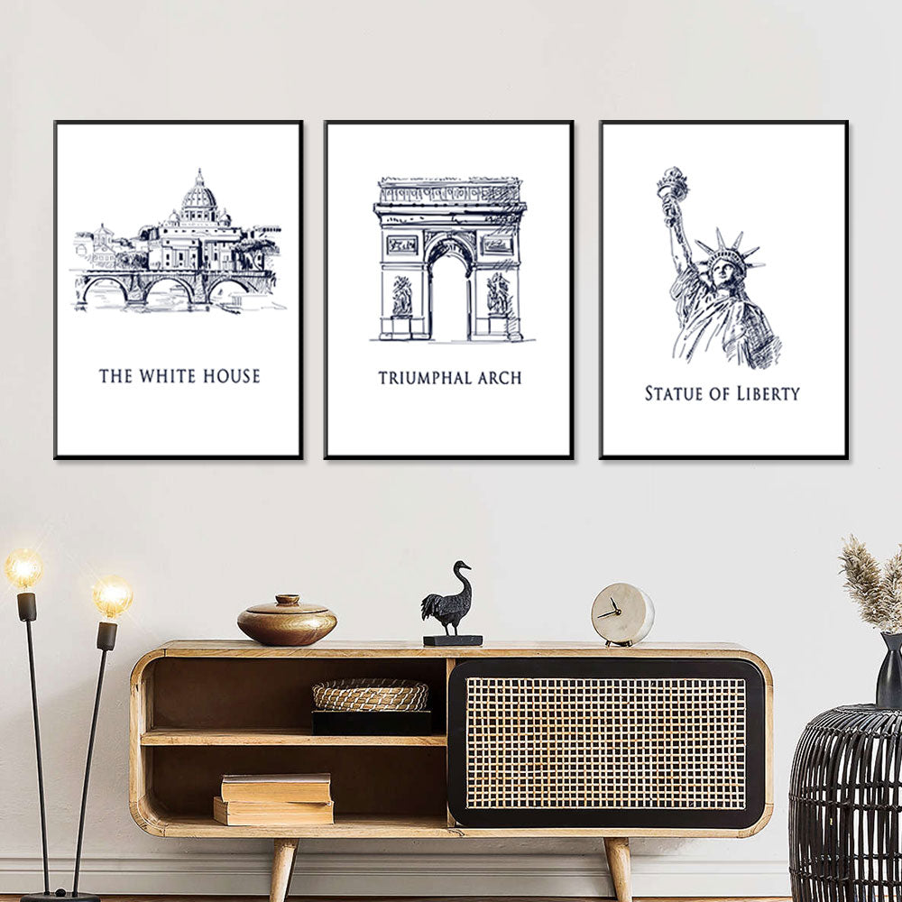 Landmark Trio: The White House, Triumphal Arch, Statue of Liberty Canvas Set