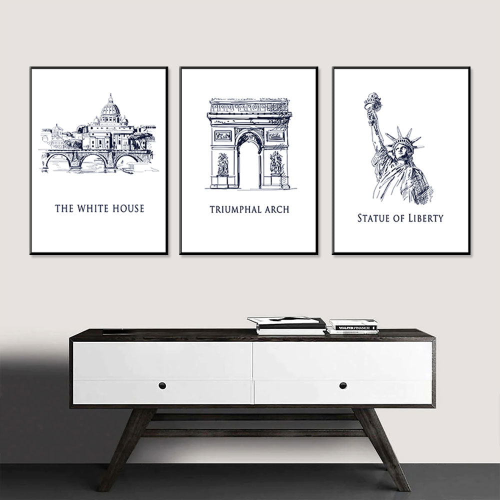 Landmark Trio: The White House, Triumphal Arch, Statue of Liberty Canvas Set