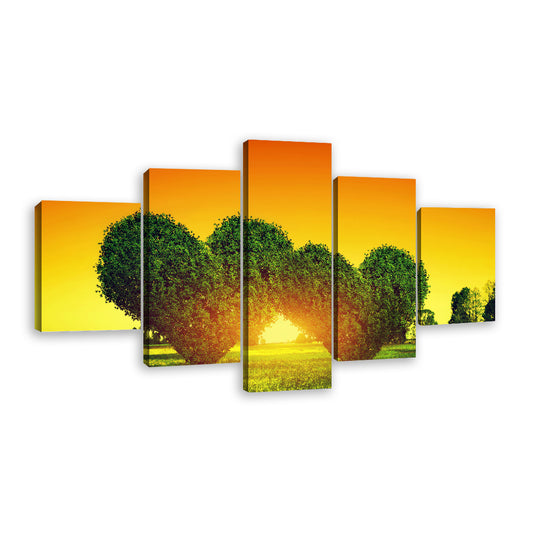 Two Green Heart Shaped Trees at Sunset Canvas Wall Art