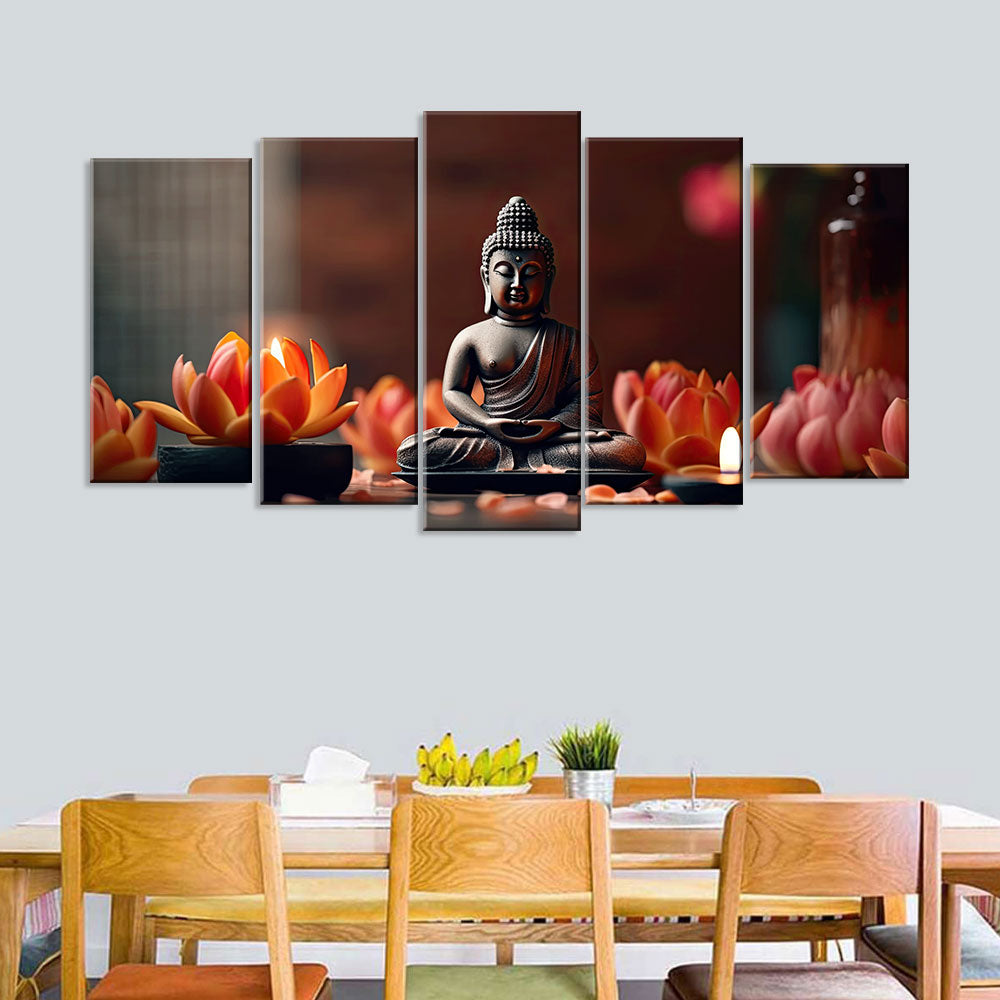 5 Piece Sitting Buddha with Lotus Canvas Wall Art