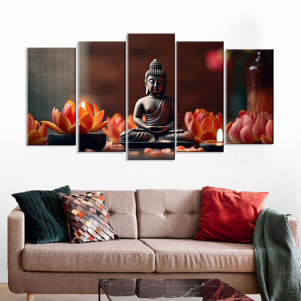 5 Piece Sitting Buddha with Lotus Canvas Wall Art