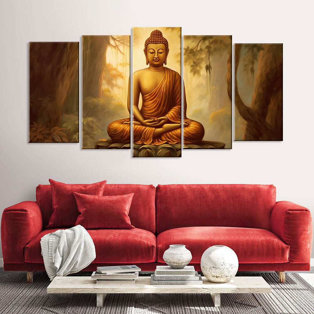 5 Piece Sitting Buddha in Forest Canvas Wall Art