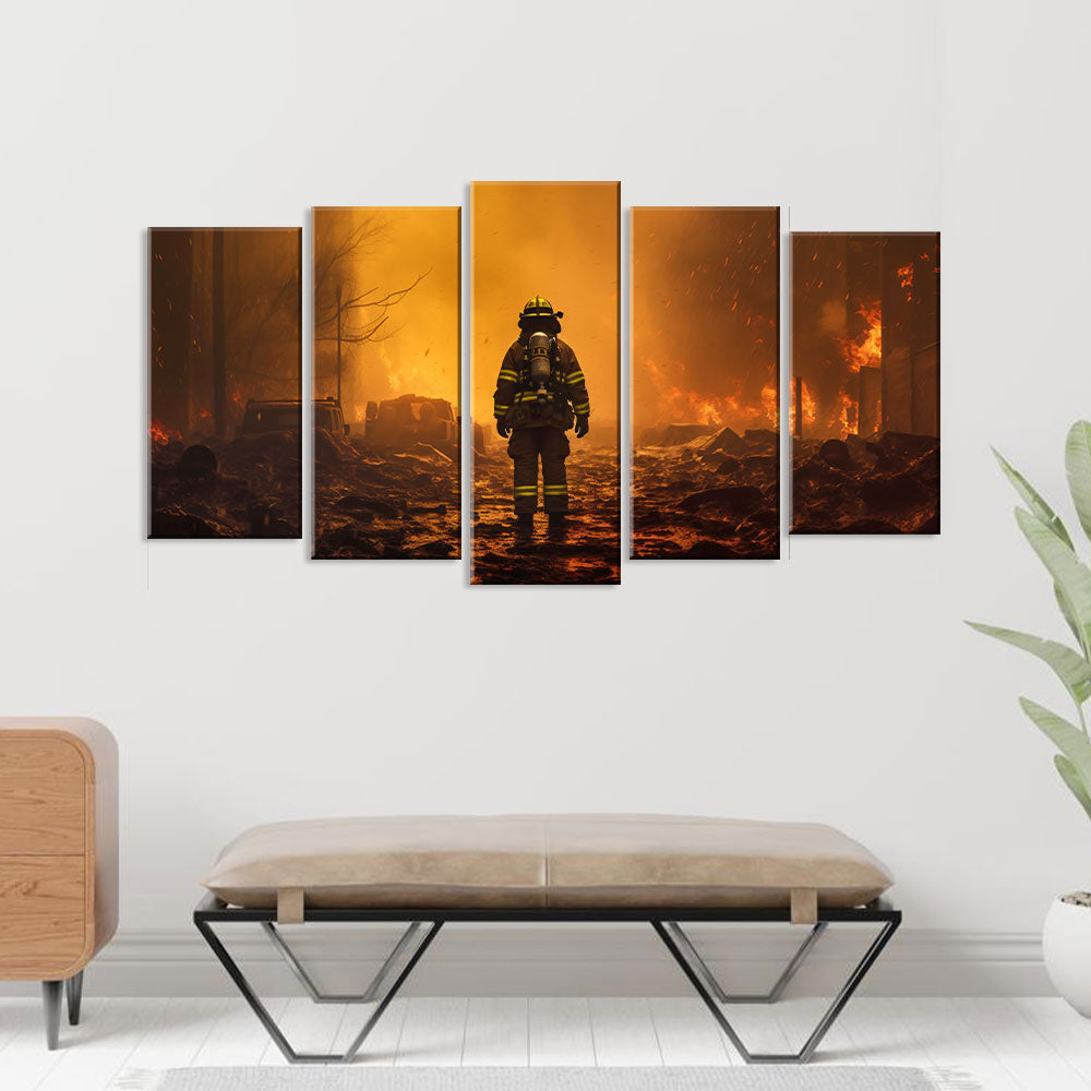 5 Piece Firefighter Walking Through Rubble Canvas Wall Art