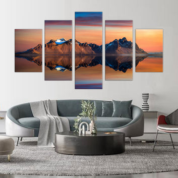 5-Piece Reflective Mountain Sunset Canvas Wall Art