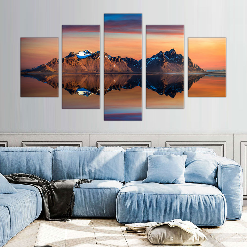 5-Piece Reflective Mountain Sunset Canvas Wall Art