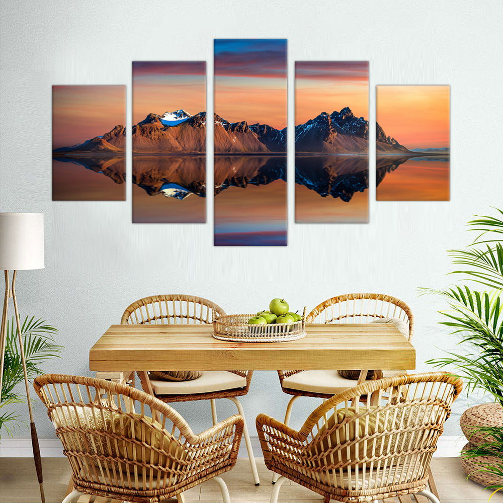 5-Piece Reflective Mountain Sunset Canvas Wall Art