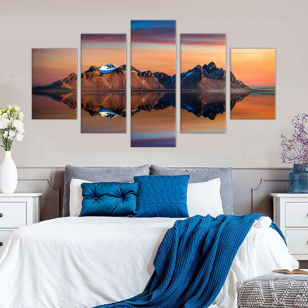 5-Piece Reflective Mountain Sunset Canvas Wall Art