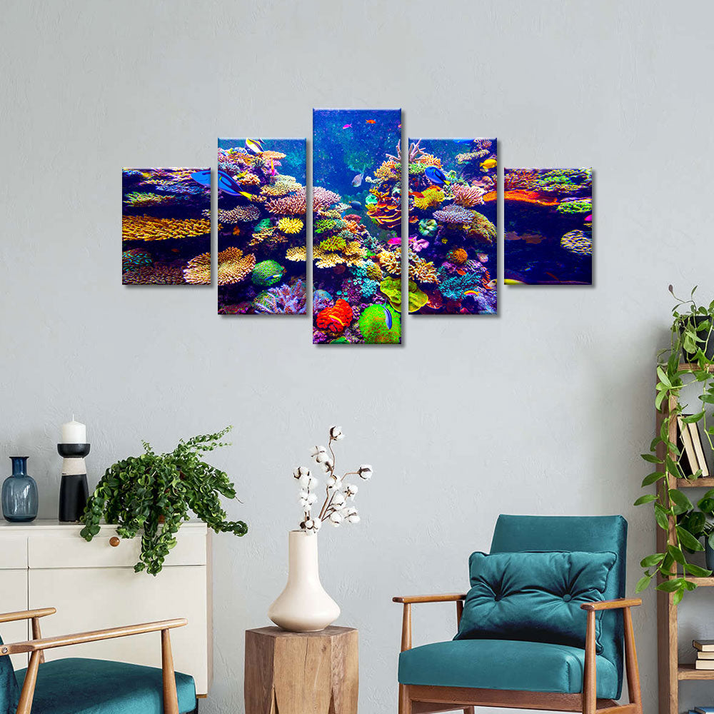Coral Reef and Tropical Fish in Sunlight Canvas Wall Art