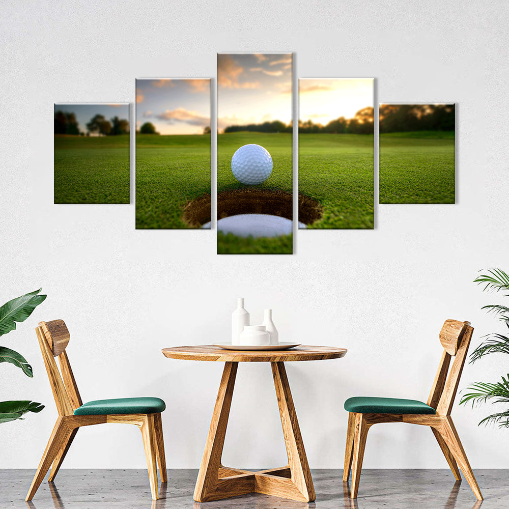 Sunset Golf Ball near Hole Canvas Wall Art