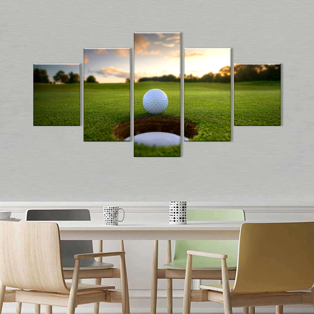 Sunset Golf Ball near Hole Canvas Wall Art