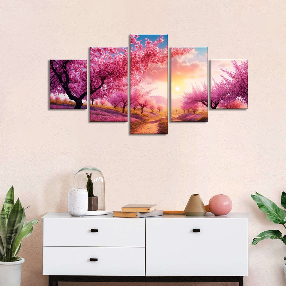 Sunshine Pink Sakura Trees Canvas Wall Art