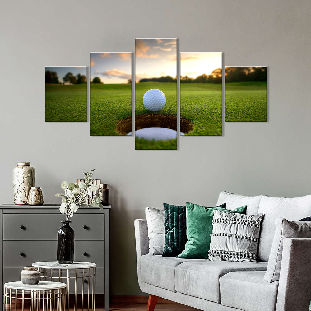 Sunset Golf Ball near Hole Canvas Wall Art