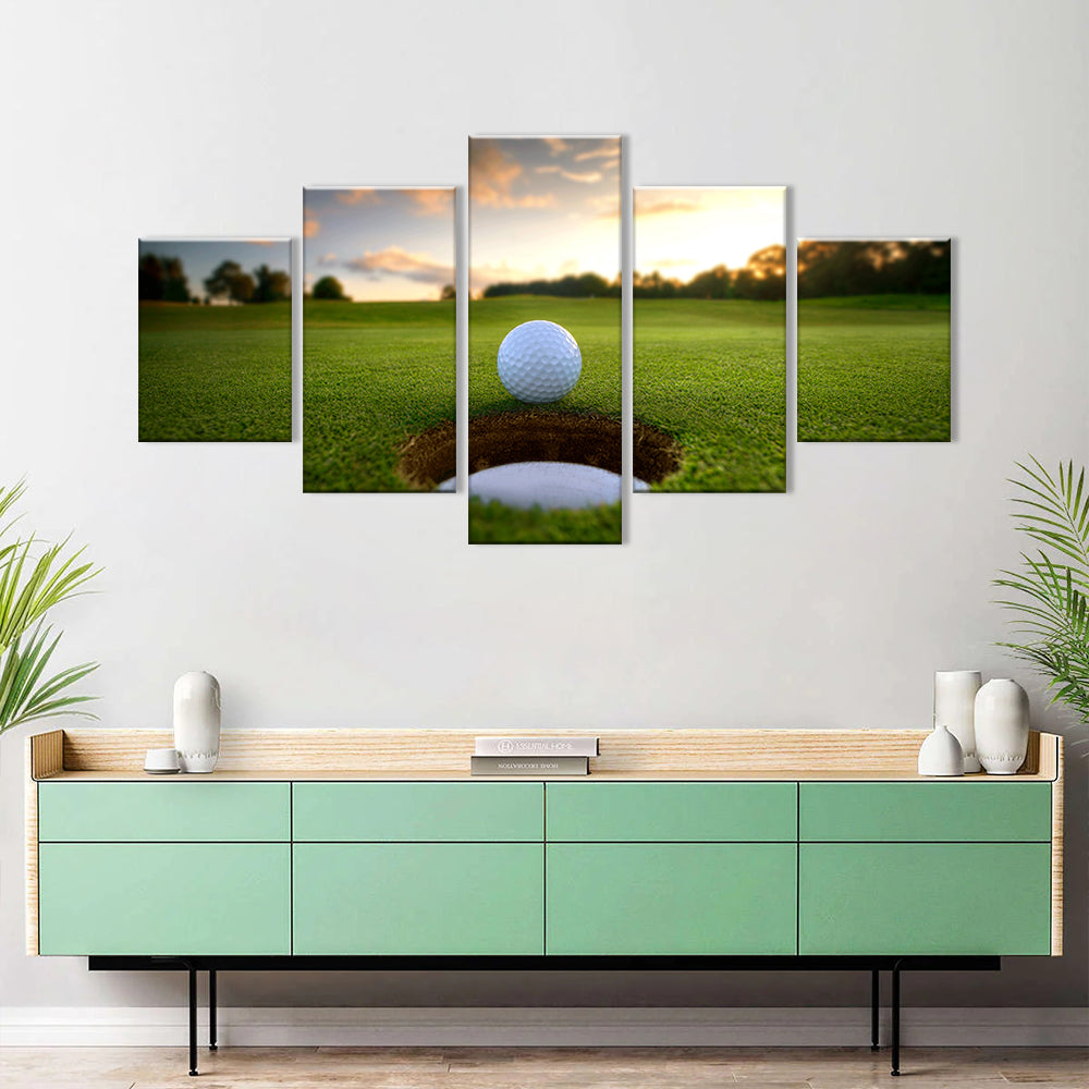 Sunset Golf Ball near Hole Canvas Wall Art