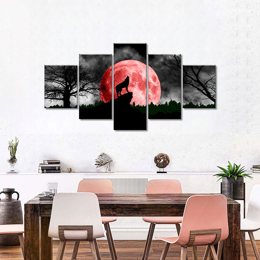 Wolf Howling at Red Moon Canvas Wall Art