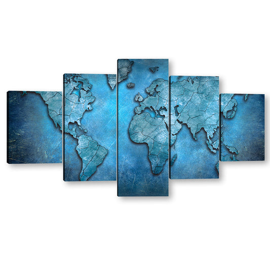 5 Piece Blue World Map Canvas Wall Art