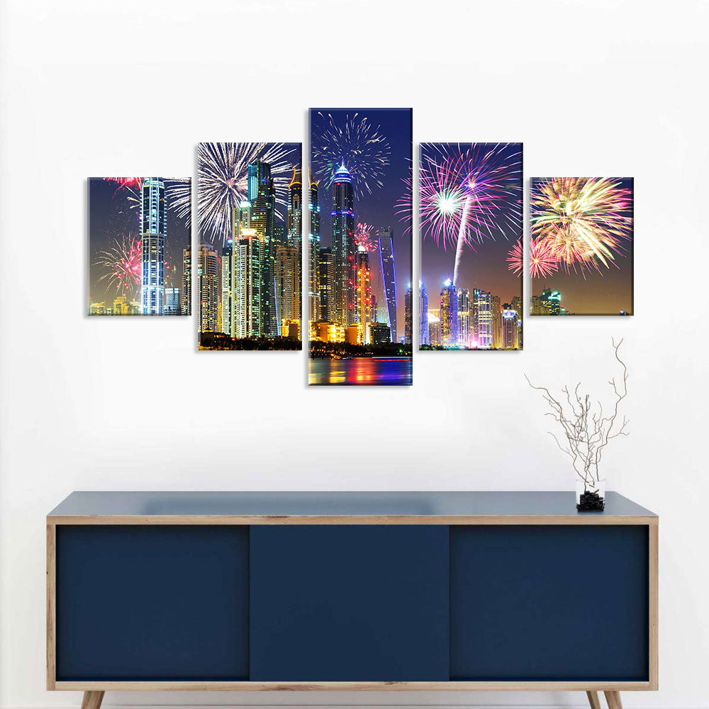 Colorful Fireworks in Dubai at Night Canvas Wall Art